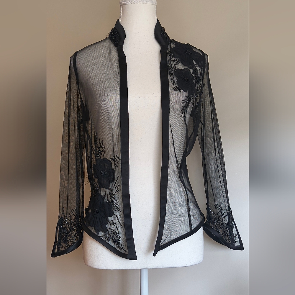 Jovani Black Sheer Beaded Evening Jacket Satin Trim Floral Applique Dark Glam